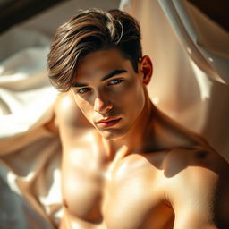 A sensual and artistic portrayal of a young man, showcasing an elegant pose that emphasizes the beauty of the human form