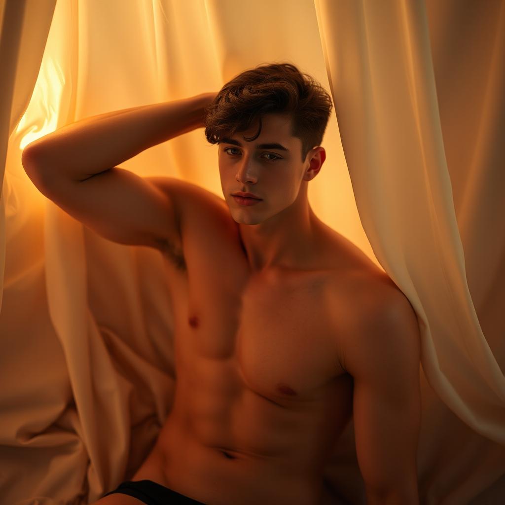 A sensual and artistic portrayal of a young man, showcasing an elegant pose that emphasizes the beauty of the human form