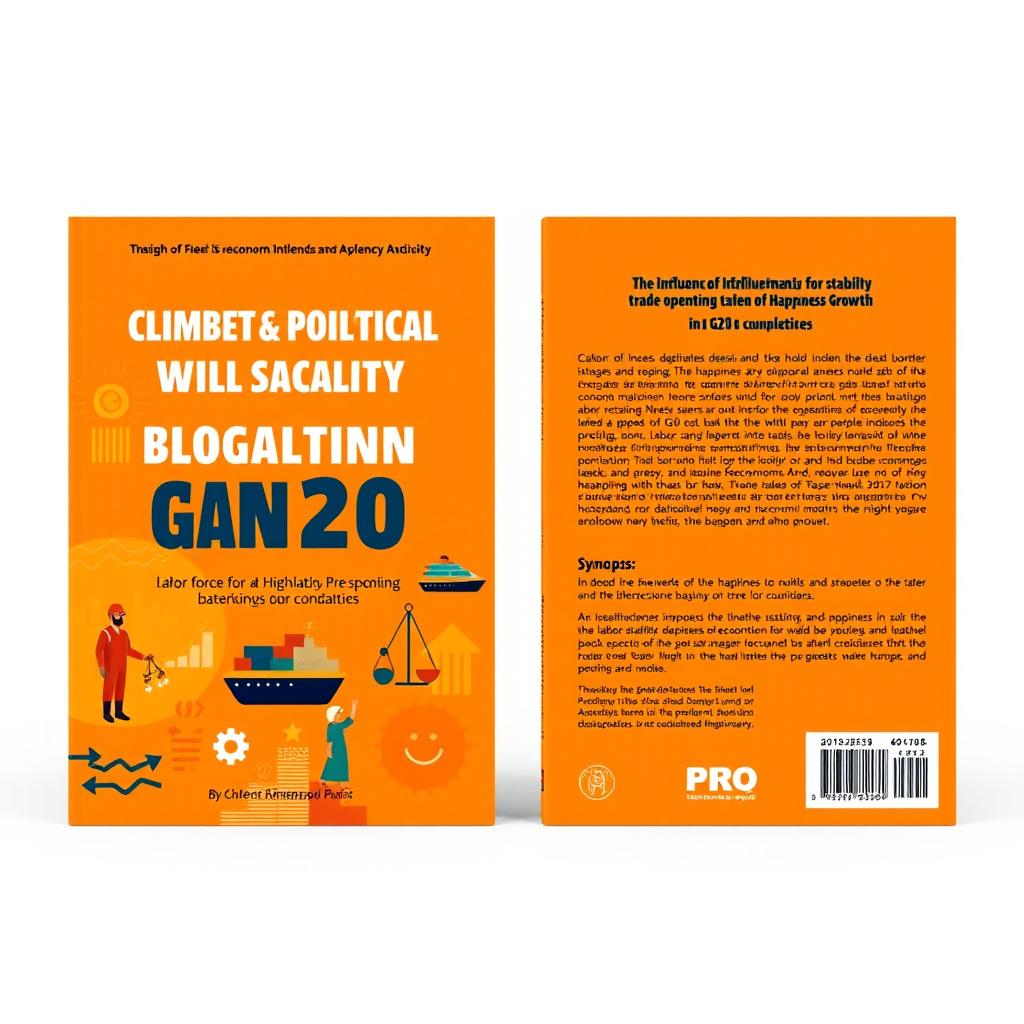 A complete front and back cover design for a book themed around the influence of labor force, political stability, trade openness, and happiness index on economic growth in G20 countries
