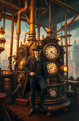 A thrilling steampunk adventure scene featuring a time merchant and his intricate clockwork time machine