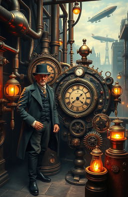 A thrilling steampunk adventure scene featuring a time merchant and his intricate clockwork time machine
