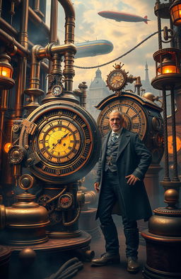 A thrilling steampunk adventure scene featuring a time merchant and his intricate clockwork time machine