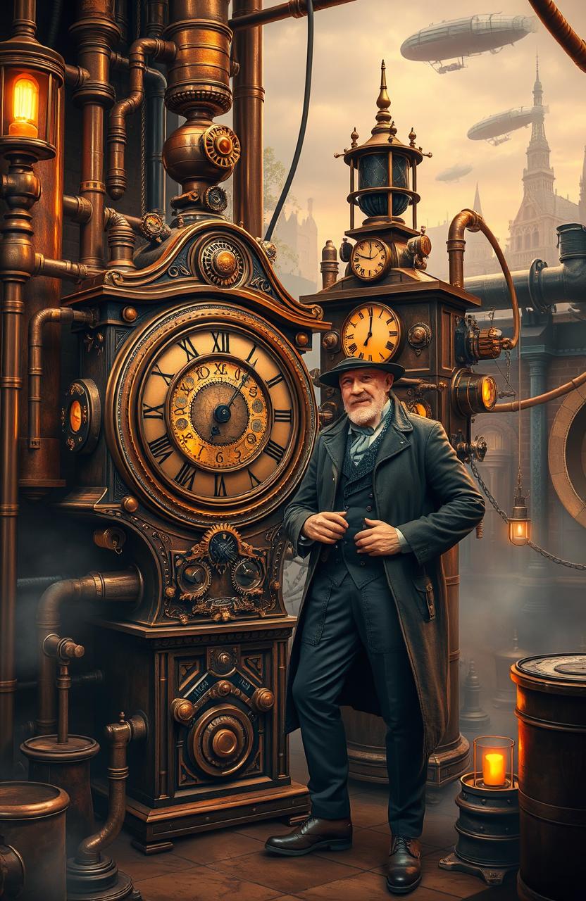 A thrilling steampunk adventure scene featuring a time merchant and his intricate clockwork time machine