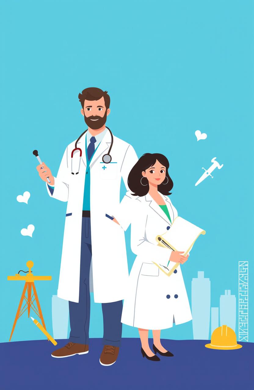 A beautiful and symbolic artwork representing the professions of a doctor and an architect, featuring a vibrant blue background that conveys a sense of calm and clarity