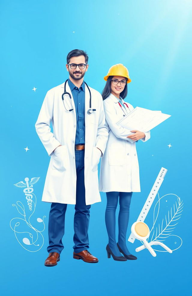 A beautiful and symbolic artwork representing the professions of a doctor and an architect, featuring a vibrant blue background that conveys a sense of calm and clarity