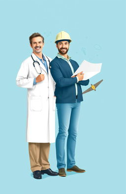 A beautiful and symbolic artwork representing the professions of a doctor and an architect, featuring a vibrant blue background that conveys a sense of calm and clarity