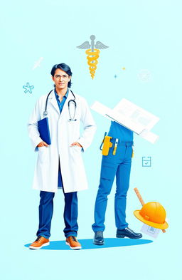 A beautiful and symbolic artwork representing the professions of a doctor and an architect, featuring a vibrant blue background that conveys a sense of calm and clarity
