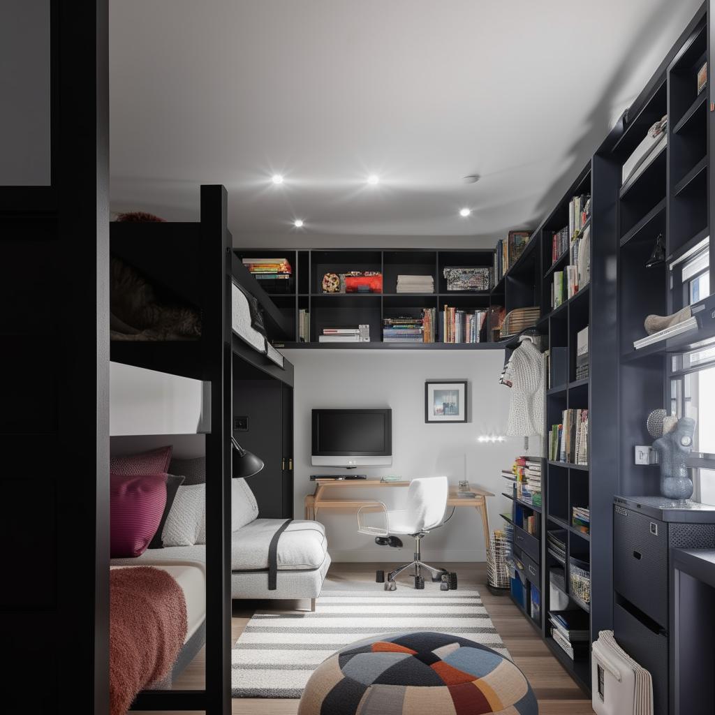 Stylish black and white 3x4 room featuring a bunk bed with a study area underneath, a television, a sofa, additional wardrobes, and a bookshelf loaded with books, blending practicality with chic minimalism