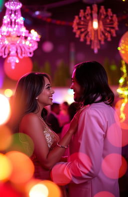 A romantic scene depicting a couple meeting at a vibrant party