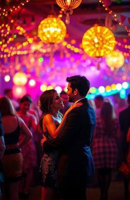 A romantic scene depicting a couple meeting at a vibrant party
