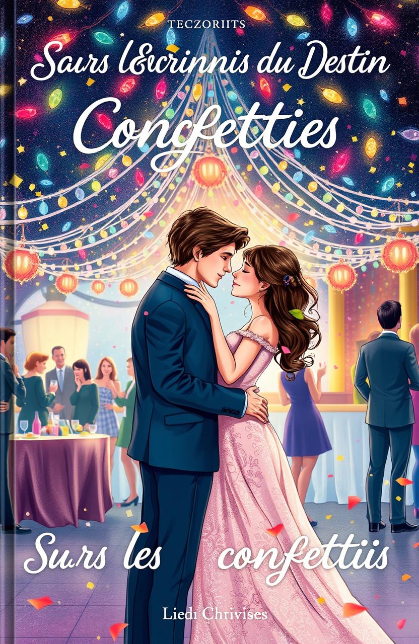 A beautifully illustrated book cover titled 'Sous les Confettis du Destin', depicting a romantic scene of a couple meeting at a lively party