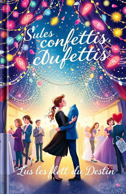 A beautifully illustrated book cover titled 'Sous les Confettis du Destin', depicting a romantic scene of a couple meeting at a lively party