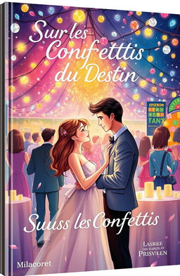 A beautifully illustrated book cover titled 'Sous les Confettis du Destin', depicting a romantic scene of a couple meeting at a lively party