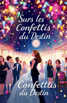 A beautifully illustrated book cover titled 'Sous les Confettis du Destin', depicting a romantic scene of a couple meeting at a lively party
