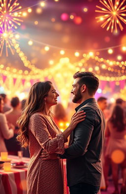 A vibrant book cover design featuring a couple meeting at a lively party