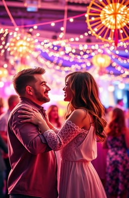 A vibrant book cover design featuring a couple meeting at a lively party