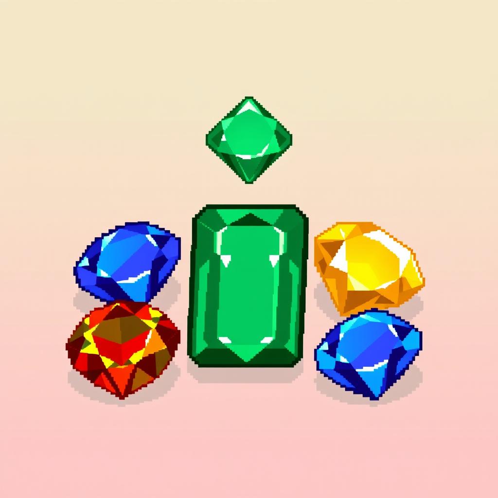 A collection of pixel art emeralds in various colors, including vibrant green, deep blue, bright red, golden yellow, and purple
