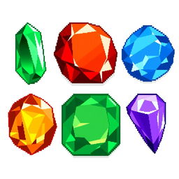 A collection of pixel art emeralds in various colors, including vibrant green, deep blue, bright red, golden yellow, and purple