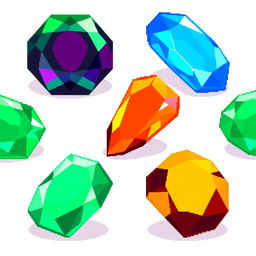 A collection of pixel art emeralds in various colors, including vibrant green, deep blue, bright red, golden yellow, and purple