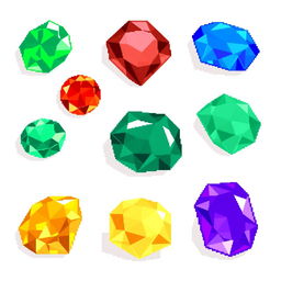 A collection of pixel art emeralds in various colors, including vibrant green, deep blue, bright red, golden yellow, and purple