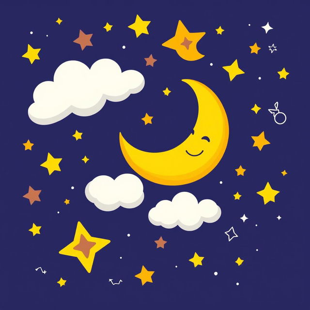 A whimsical cartoon-style night sky filled with vibrant stars, a crescent moon with a smiling face, fluffy clouds, and twinkling constellations