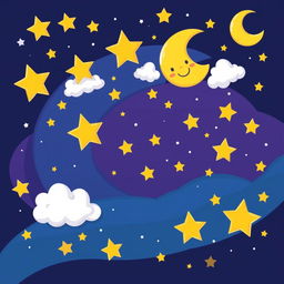 A whimsical cartoon-style night sky filled with vibrant stars, a crescent moon with a smiling face, fluffy clouds, and twinkling constellations