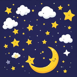 A whimsical cartoon-style night sky filled with vibrant stars, a crescent moon with a smiling face, fluffy clouds, and twinkling constellations