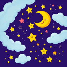 A whimsical cartoon-style night sky filled with vibrant stars, a crescent moon with a smiling face, fluffy clouds, and twinkling constellations