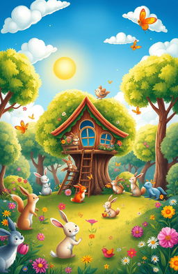 A whimsical and colorful illustration for a children's storybook, depicting a magical forest filled with friendly animals like rabbits, foxes, and birds