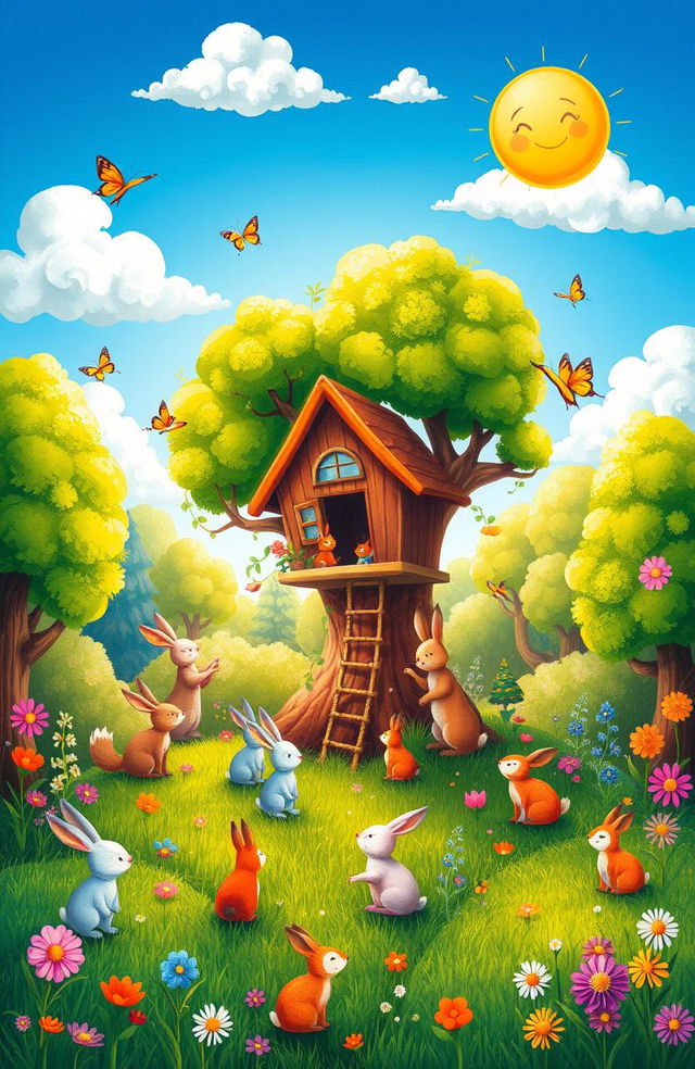 A whimsical and colorful illustration for a children's storybook, depicting a magical forest filled with friendly animals like rabbits, foxes, and birds