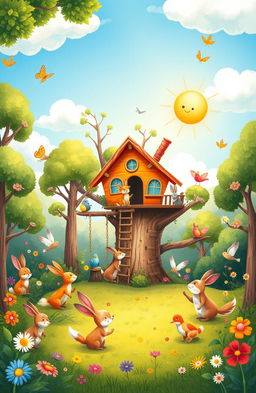A whimsical and colorful illustration for a children's storybook, depicting a magical forest filled with friendly animals like rabbits, foxes, and birds