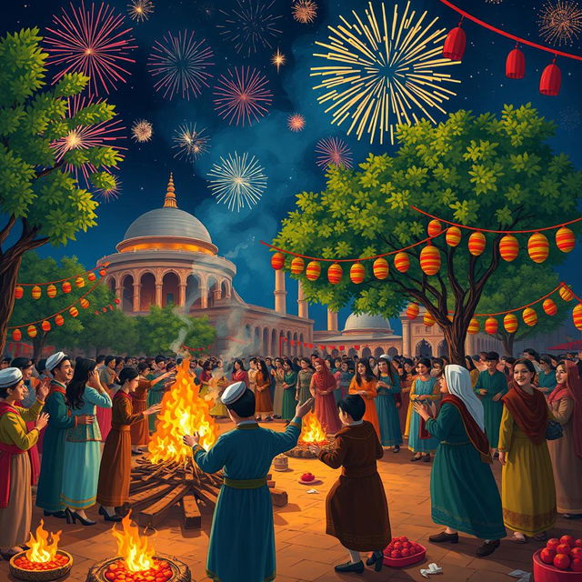 A vibrant and festive scene depicting the ancient Iranian celebration of Chaharshanbe Suri