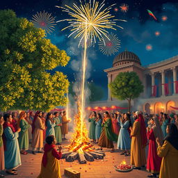 A vibrant and festive scene depicting the ancient Iranian celebration of Chaharshanbe Suri