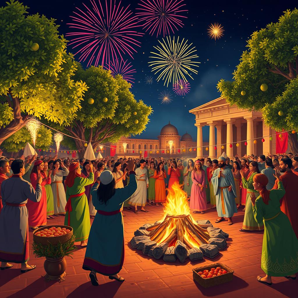 A vibrant and festive scene depicting the ancient Iranian celebration of Chaharshanbe Suri