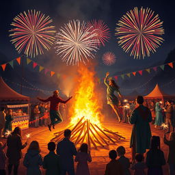 A vibrant and festive depiction of the ancient Iranian celebration of Chaharshanbe Suri, showcasing traditional elements such as people wearing colorful clothes, jumping over bonfires, and enjoying a lively atmosphere