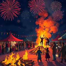 A vibrant and festive depiction of the ancient Iranian celebration of Chaharshanbe Suri, showcasing traditional elements such as people wearing colorful clothes, jumping over bonfires, and enjoying a lively atmosphere