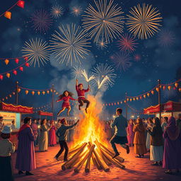 A vibrant and festive depiction of the ancient Iranian celebration of Chaharshanbe Suri, showcasing traditional elements such as people wearing colorful clothes, jumping over bonfires, and enjoying a lively atmosphere