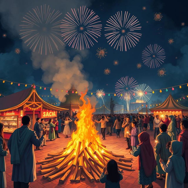 A vibrant and festive depiction of the ancient Iranian celebration of Chaharshanbe Suri, showcasing traditional elements such as people wearing colorful clothes, jumping over bonfires, and enjoying a lively atmosphere