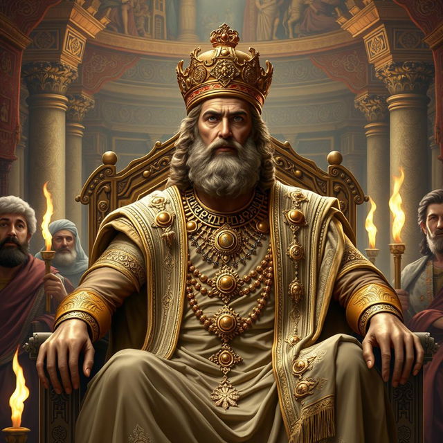 A majestic depiction of Cyrus the Great, the Persian king, seated on his opulent throne