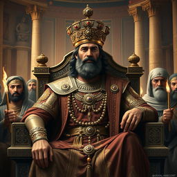 A majestic depiction of Cyrus the Great, the Persian king, seated on his opulent throne