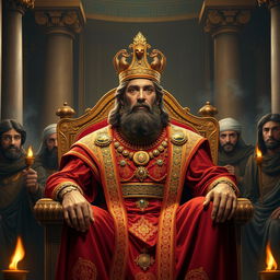 A majestic depiction of Cyrus the Great, the Persian king, seated on his opulent throne