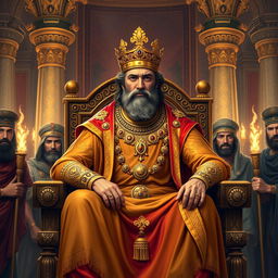 A majestic depiction of Cyrus the Great, the Persian king, seated on his opulent throne