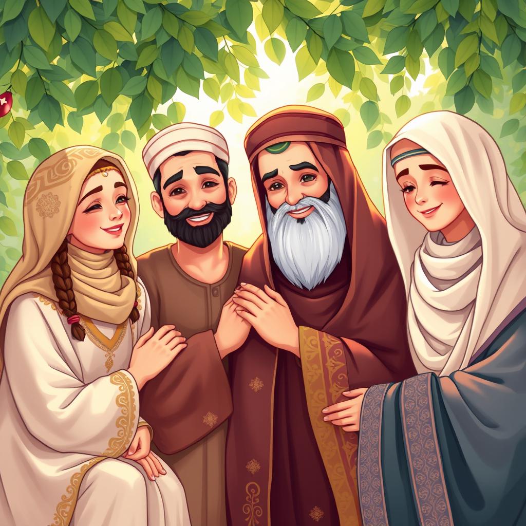 A beautiful and serene depiction of the Ahlu Bayt (Household of Prophet Muhammad) together in harmony