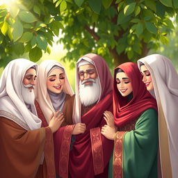A beautiful and serene depiction of the Ahlu Bayt (Household of Prophet Muhammad) together in harmony