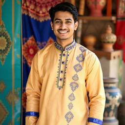 A person wearing a traditional Indian kurta, standing confidently against a colorful backdrop