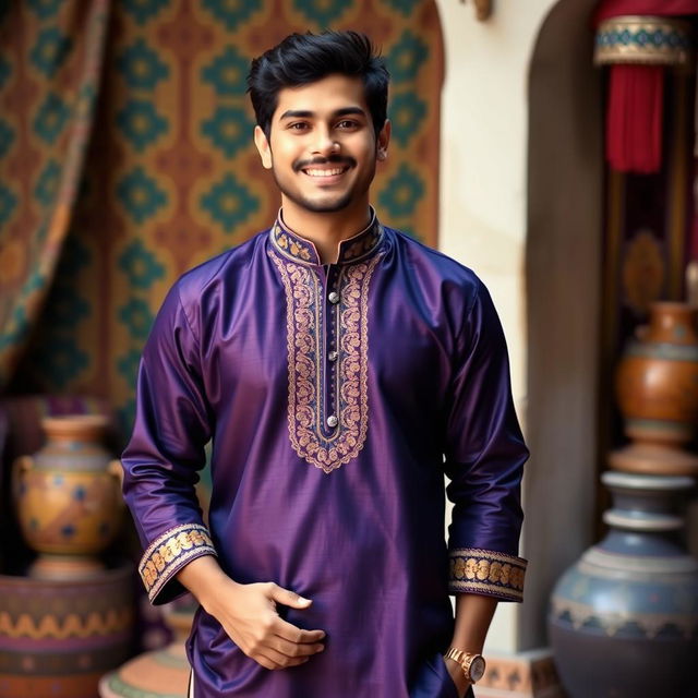 A person wearing a traditional Indian kurta, standing confidently against a colorful backdrop