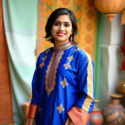 A person wearing a traditional Indian kurta, standing confidently against a colorful backdrop