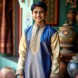 A person wearing a traditional Indian kurta, standing confidently against a colorful backdrop