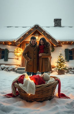 A magical realism scene set in winter, featuring a young couple standing in front of a rustic house covered in snow