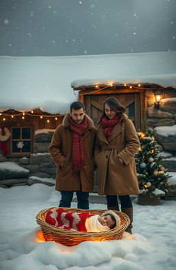 A magical realism scene set in winter, featuring a young couple standing in front of a rustic house covered in snow